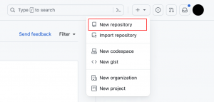 Выпадающее меню на GitHub с обведённым красным пунктом «New repository»